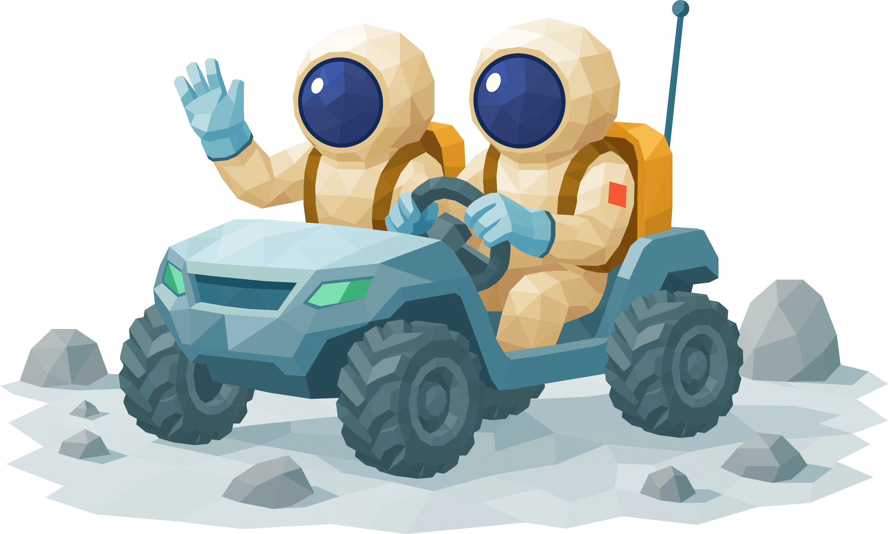 Two astronauts driving a moon rover