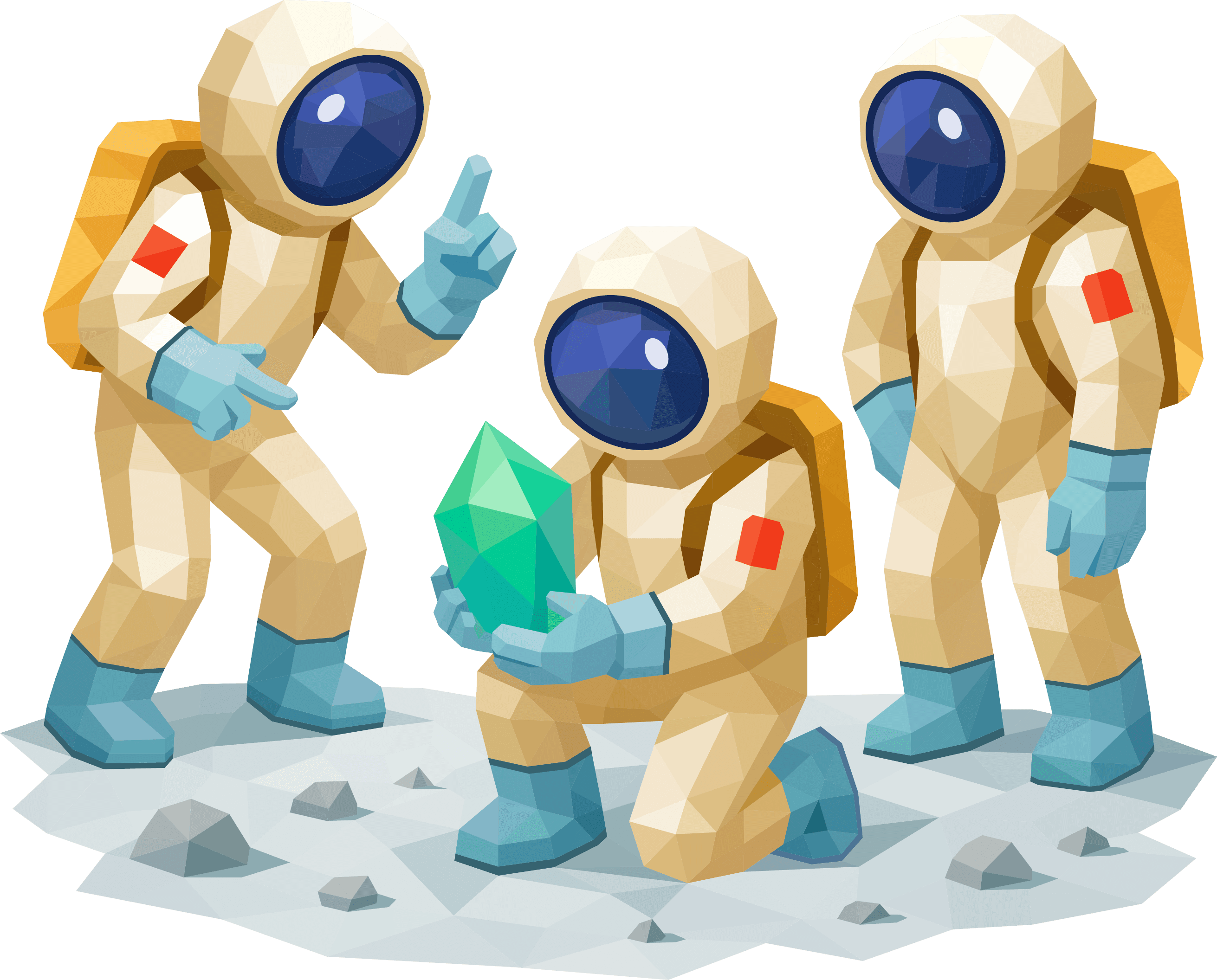 Astronauts examining a crystal sample