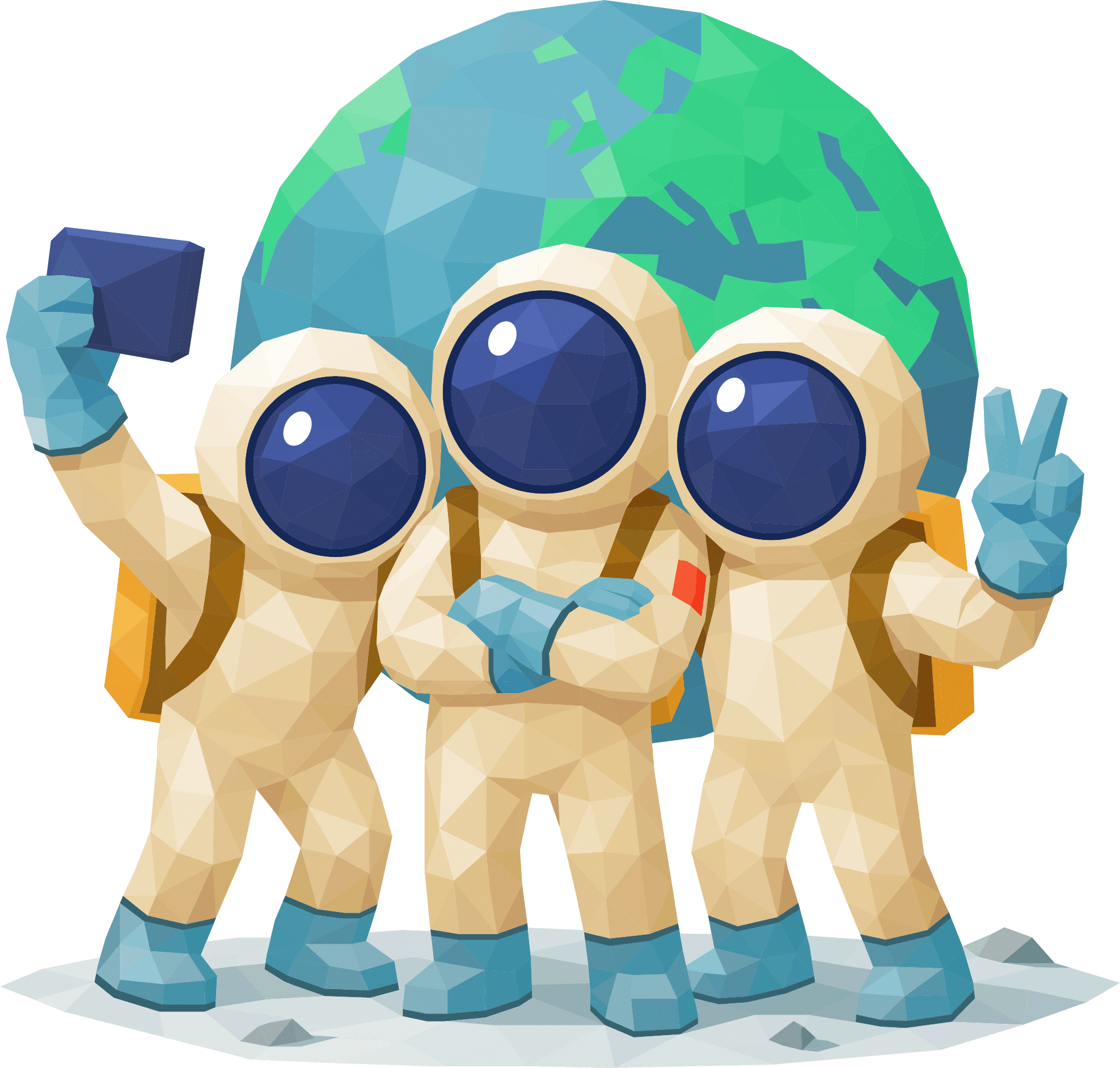 Three astronauts taking a selfie in front of Earth