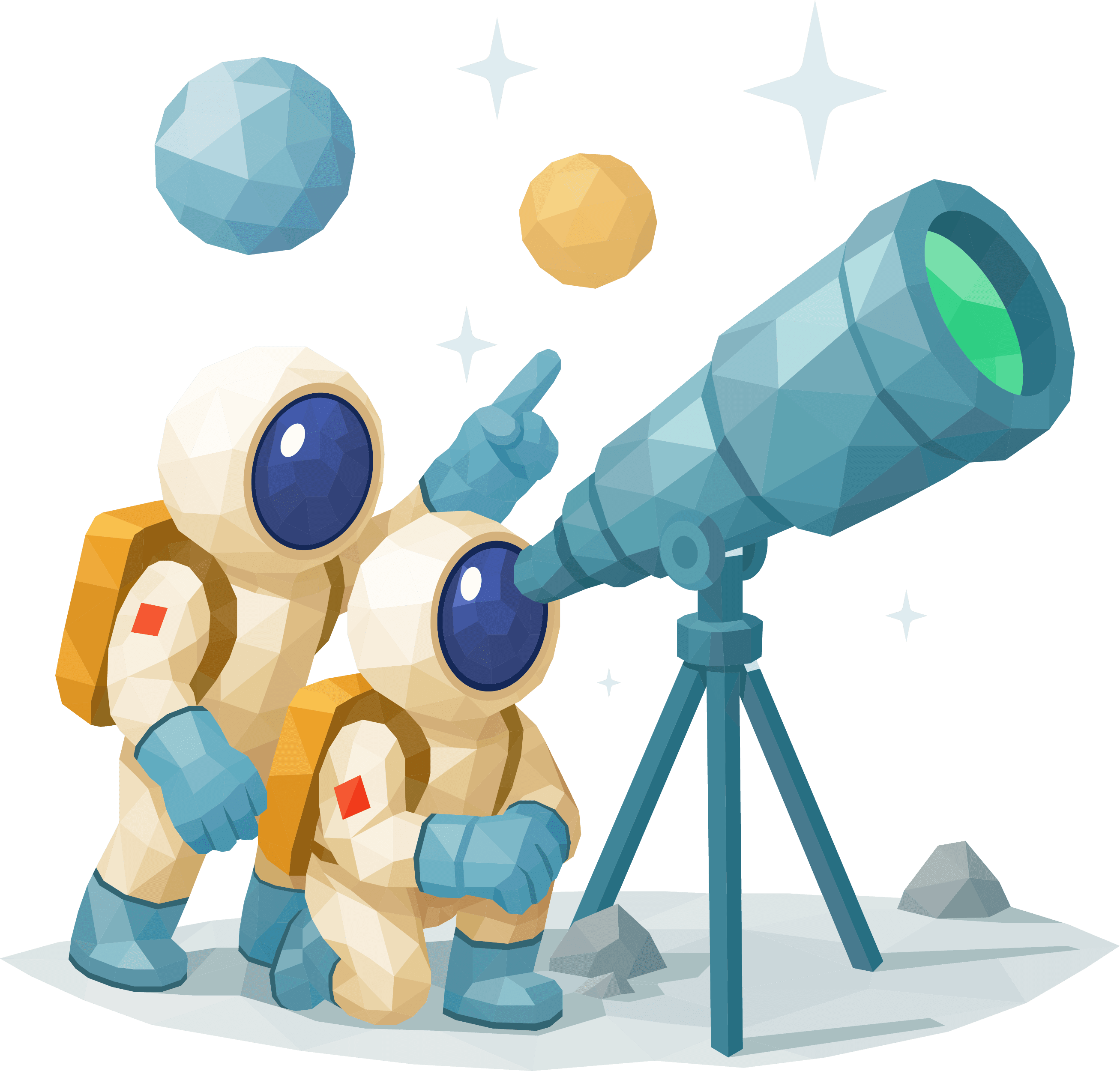 Two astronauts looking through a telescope